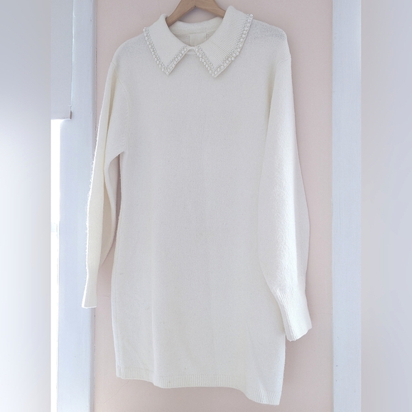 H&M Sweaters - H&M Off White Knit Sweater Dress Pearl Bead Peter Pan Collar Large